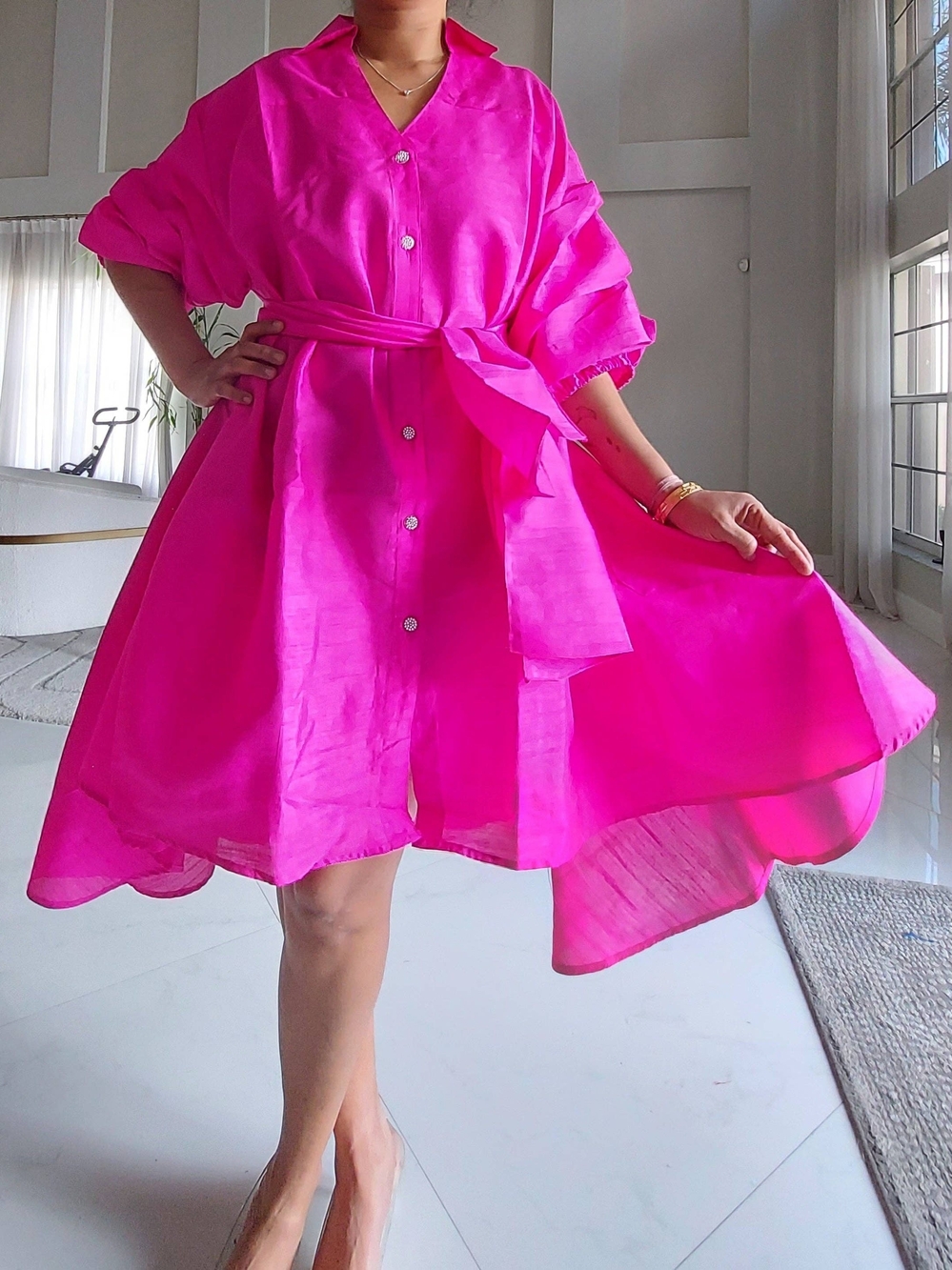 Voluminous High-Low Shirt Dress in Fuchsia